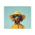 A vinyl mouse pad with a whimsical design featuring a dog's head wearing sunglasses and a hat, in vibrant yellow and blue colors.