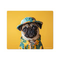 A vinyl mouse pad with a whimsical dog head design, wearing a hat and a shirt, against a yellow background.