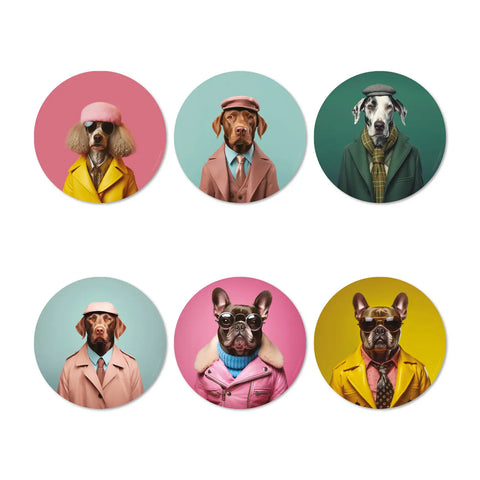 Elevate your dining experience with our funny dog-themed coasters set, inspired by the 60s whimsy. Made in Germany, these vinyl quality coasters are easy to clean and feature here 6 designs with Brown French Bulldog, White Poodle, Black&White Dane Dog. Mix them on your dining table for a funny style.