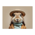 Rabbit wearing a hat and coat on a beige background