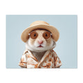Hamster wearing a straw hat and sunglasses on a light blue background