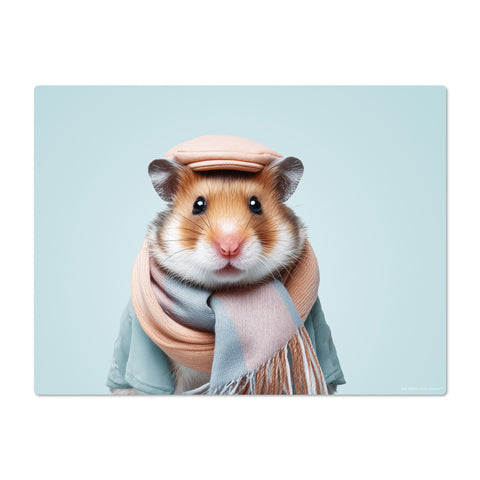 Hamster wearing a cap and scarf on a light blue background