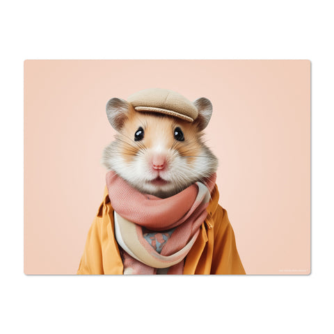 Hamster wearing a hat and scarf on a pink background