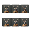 Set of six coasters with a deer wearing a suit on a dark background