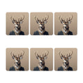 Six coasters with a deer design on a beige background