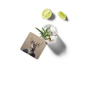 Coaster with deer design next to a glass of water with lime and mint leaves on a white background