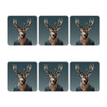 Six identical coasters with a deer wearing a suit and scarf on a dark background