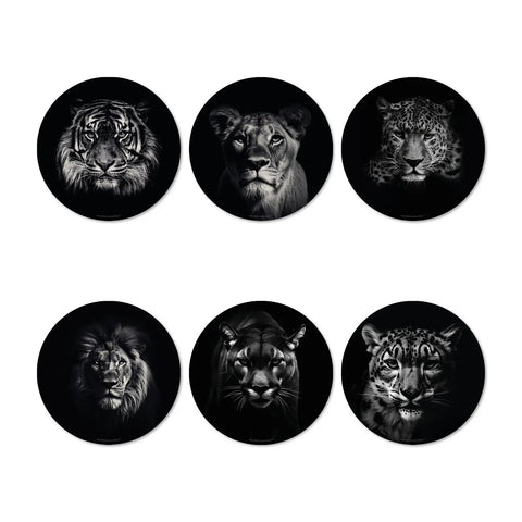 Our collection of black round vinyl coasters set of 6 inspired by the majesty of wild felines. Each coaster in this collection showcases the incredible head of a wild feline, capturing the essence of these magnificent creatures. Made in Germany with premium vinyl quality, these elegant animal-inspired coaster transform your dining into a wild adventure. These designs will have you roaring with delight!