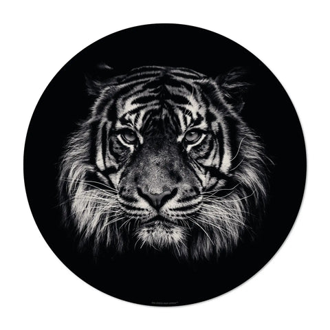 Our collection of black round vinyl placemats inspired by the majesty of wild felines: the Tiger. Each placemat in this collection showcases the incredible head of a wild feline, capturing the essence of these magnificent creatures. Made in Germany with premium vinyl quality, these elegant animal-inspired placemats transform your dining into a wild adventure. These designs will have you roaring with delight!!