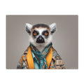 lemur wearing a patterned scarf and yellow shirt on a gray background