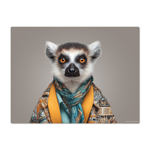 lemur wearing a patterned scarf and yellow shirt on a gray background