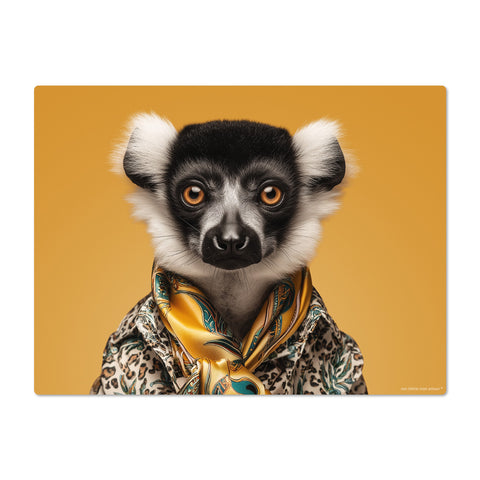 lemur wearing a leopard print shirt and gold scarf on a mustard yellow background