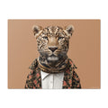 Leopard wearing a floral jacket and scarf on a brown background