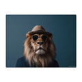 Lion wearing a hat and sunglasses on a dark blue background
