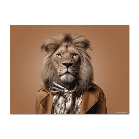 Lion wearing a brown coat and patterned scarf on a brown background