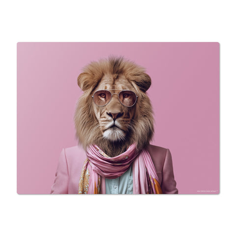 Lion wearing sunglasses and a pink scarf on a pink background