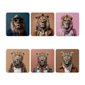 Set of six coasters with stylized lion portraits wearing clothing on a white background