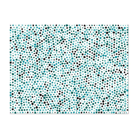 rectangular vinyl placemats featuring a terrazzo-inspired pattern in a soothing turkis color palette, adding a touch of natural elegance and sophistication to any table setting, 6 different designs for a colorful table, made in Europe, easy to clean