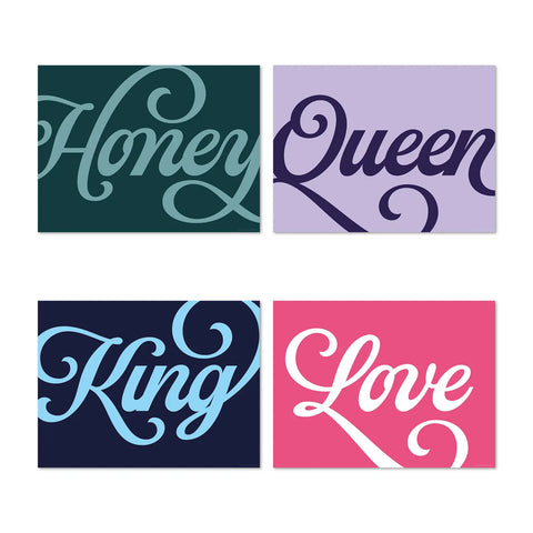 Love Collection Placemats with colorful background will make your beloved special. Choose your nickname Honey, Queen, King, Love with a classic typography for a romantic dinner.  Made in Germany, these vinyl placemats offer unmatched quality and easy cleaning. Bring love on your table and a fancy design.