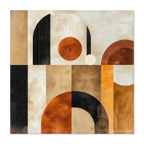Abstract art piece with geometric shapes in earthy tones on a textured beige background