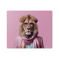 Lion wearing sunglasses and a scarf on a pink background