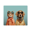 Cat and dog wearing goggles and scarves on a teal background