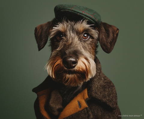 Dog wearing a coat and cap on a green background