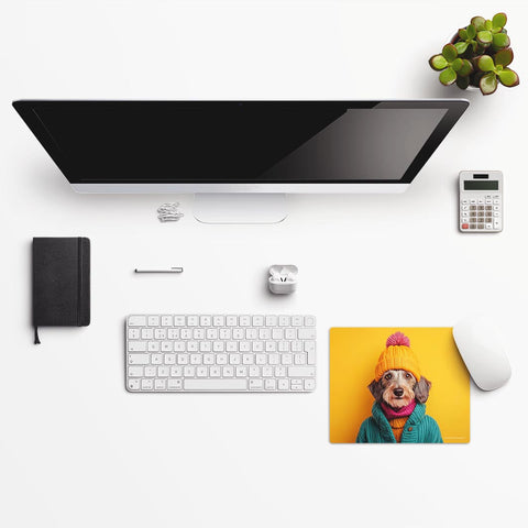 Modern office desk setup with a computer monitor, keyboard, mouse, and decorative items.