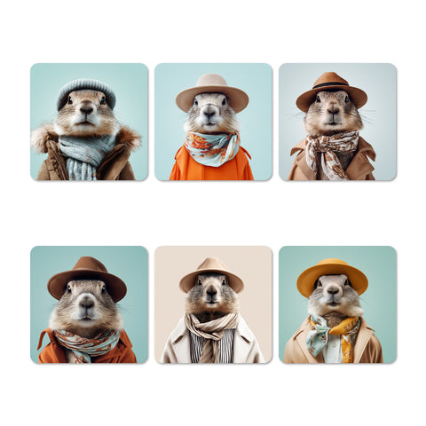 Set of six coasters featuring gmarmots dressed in hats and scarves on a light blue background.