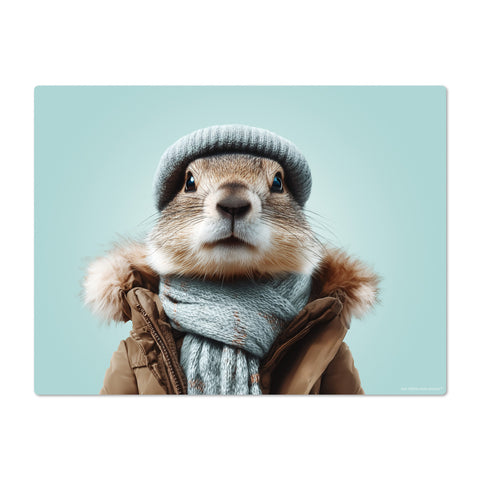 Marmot wearing a hat and scarf on a light blue background