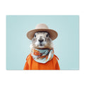 Marmot wearing a hat and orange coat with a light blue background