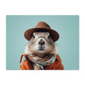 Marmot wearing a brown hat and coat with a patterned scarf on a light blue background