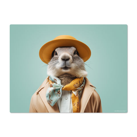Marmot wearing a yellow hat and coat with a light blue background