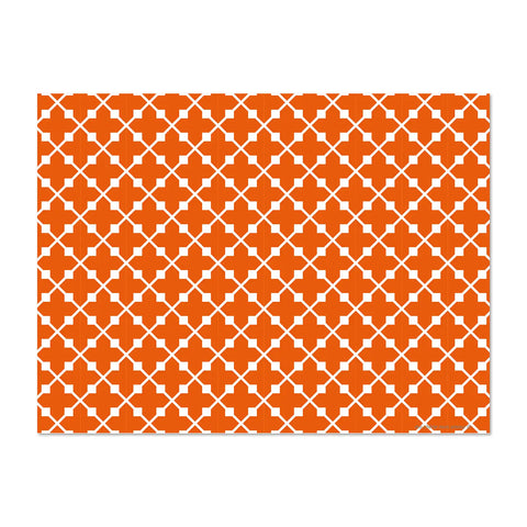 rectangular vinyl placemats featuring a variety of geometric and symbolic motifs, orange color, including the clover, cross, shippou, and diamond, in a vibrant color palette, 4 different designs for a colorful table, made in Europe, easy to clean