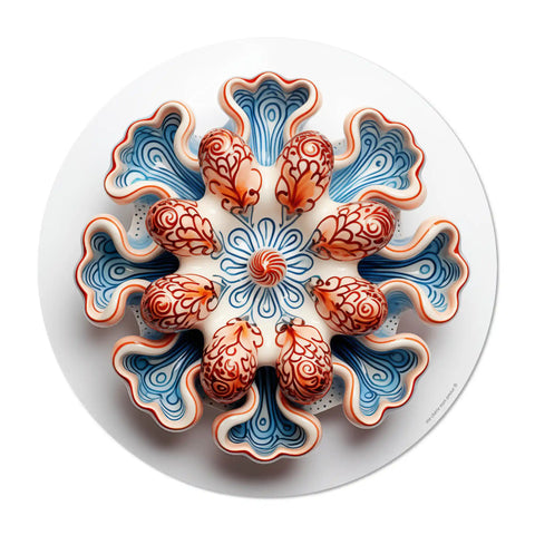 Elevate your dining experience with our round vinyl placemat featuring a design coral art design in shades of orange and blue, inspired by Portuguese ceramic artistry. Bring a touch of maritime to your table setting.