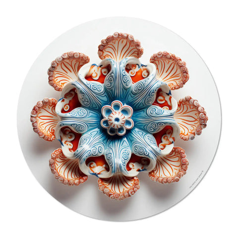 Elevate your dining experience with our round vinyl placemat featuring a design coral art design in shades of orange and blue, inspired by Portuguese ceramic artistry. Bring a touch of maritime to your table setting.