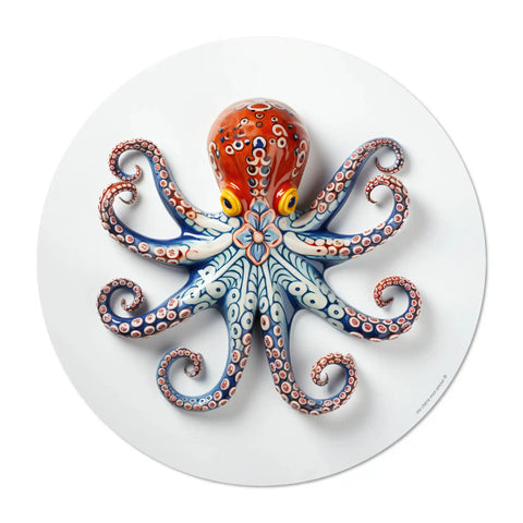 Elevate your dining experience with our round vinyl placemat featuring a captivating octopus design, inspired by Portuguese ceramic artistry. These placemats boast bold colors. Bring a touch of maritime charm to your table setting.