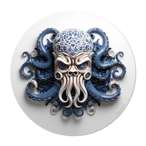 Enhance and design your table decor with our blue and white Pirate Mask vinyl  round placemat, reminiscent of Portuguese ceramic art. 