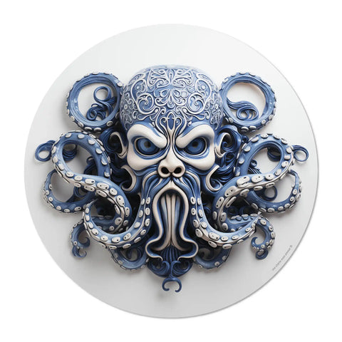 Enhance and design your table decor with our blue and white Pirate Mask vinyl  round placemat, reminiscent of Portuguese ceramic art. 