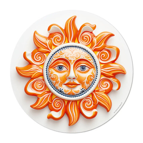 Elevate your dining experience with our round vinyl placemat featuring a design sun face design in shades of orange, inspired by Portuguese ceramic artistry. These placemats boast bold colors. Bring a touch of poetic to your table setting .