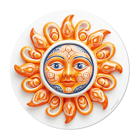 Elevate your dining experience with our round vinyl placemat featuring a design sun face design in shades of orange, inspired by Portuguese ceramic artistry. These placemats boast bold colors. Bring a touch of poetic to your table setting .