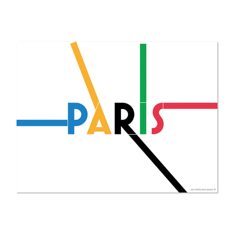 rectangular vinyl placemats in the colors of the Olympic games, with the word "Paris" written in a style that mimics the Paris metro map, evoking the 2024 Olympic Games in the French capital, made in Europe, easy to clean