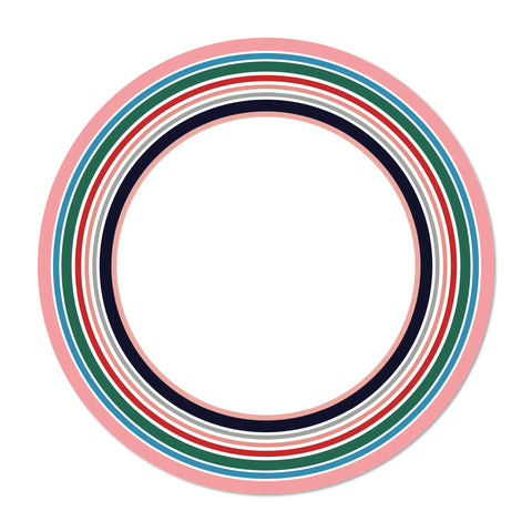 A round vinyl placemat with a summer color circles design on the edges, designed to enhance summer tables. Place your plate on it and it will be elevated by the colorful circle accents around it. Made from high-quality vinyl material, this placemat is not only visually appealing but also easy to clean and maintain, making it a convenient choice for everyday use.