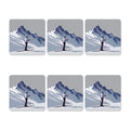 Set of six coasters with a skier in a mountainous landscape design.
