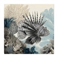 Illustration of a lionfish among coral and sea plants on a beige background