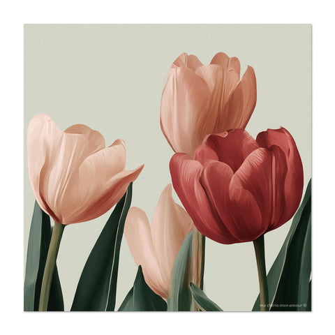 Three tulips in pink and red on a light green background