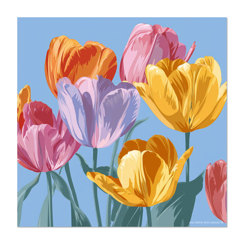 Colorful tulips on a blue background