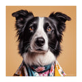 Dog wearing a colorful bandana on a beige background