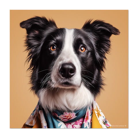 Dog wearing a colorful bandana on a beige background