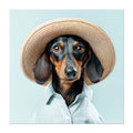 Dachshund wearing a straw hat and striped shirt on a light blue background